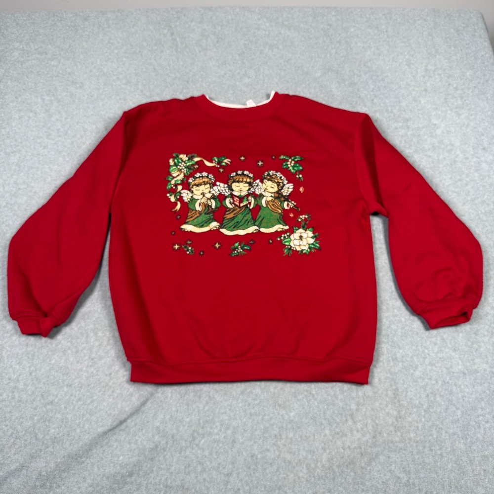 Vintage 90s Basic Editions Ugly Christmas Sweatshirt Red Singing Angels Med